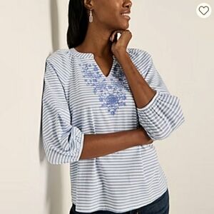St. John's Bay Striped Split Neck Embroidered Top